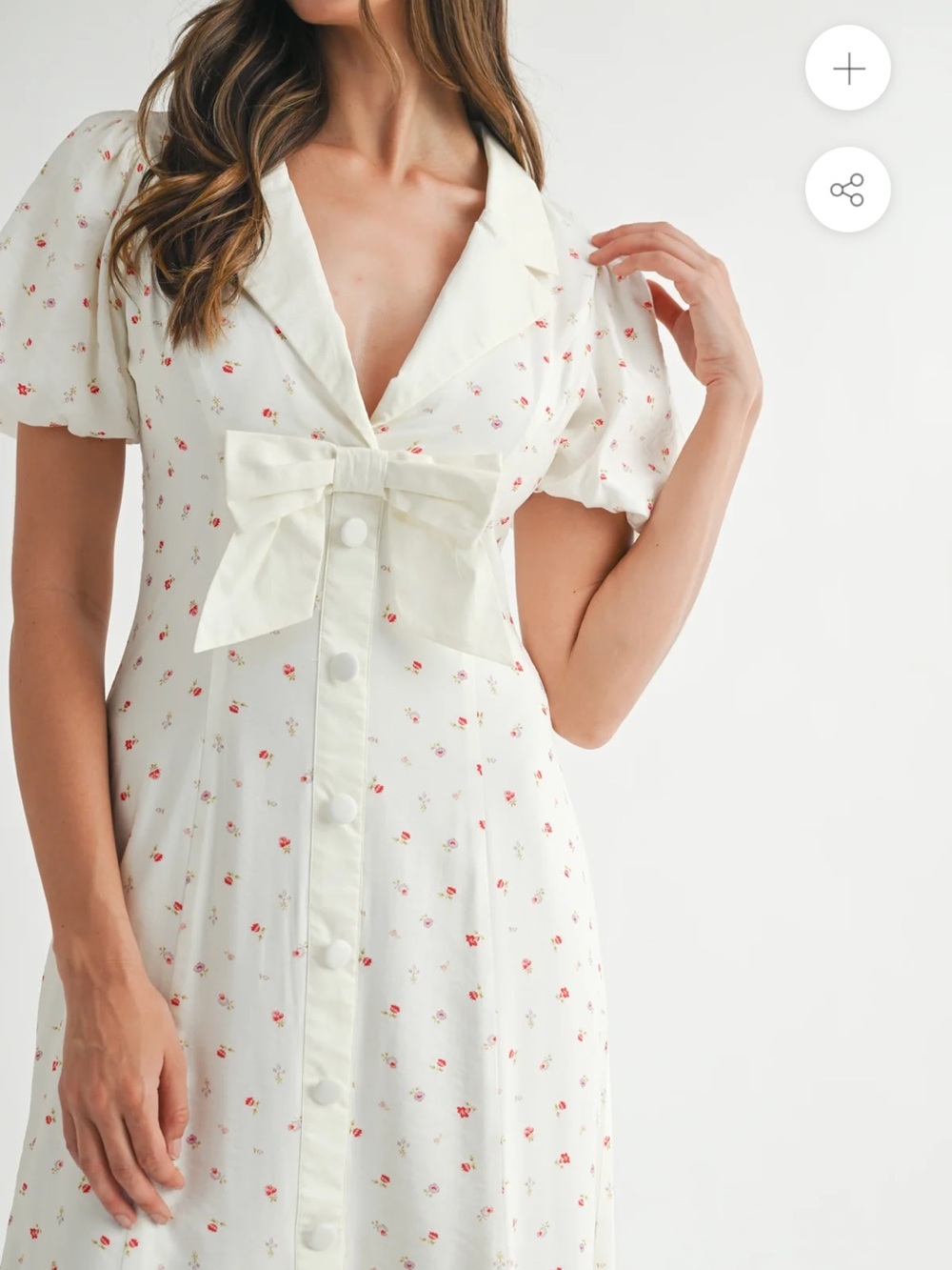 Mable Bayside Bow Front Puff Ditsy Floral Midi Cottagecore Coquette Dress M - Picture 11 of 14
